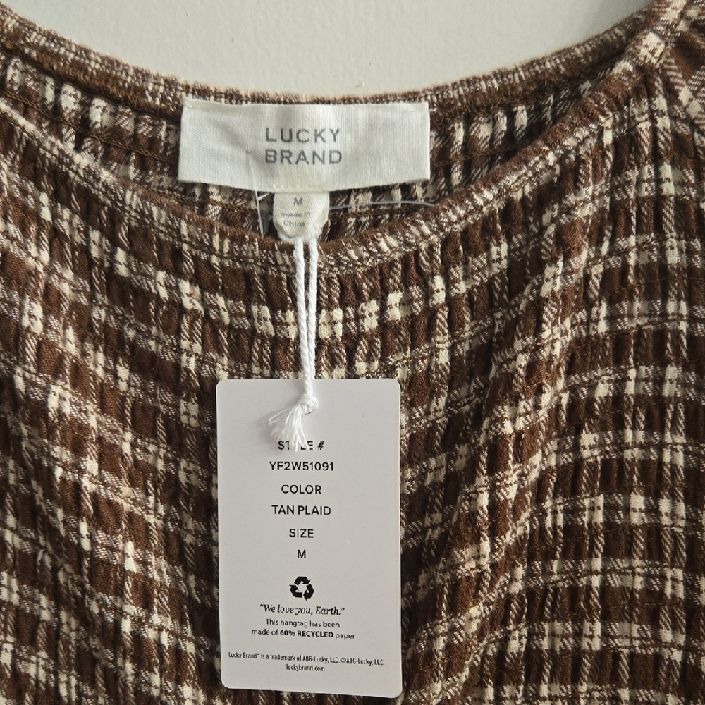 Lucky Brand Brown and Beige Plaid Smocked Midi Dress - Picture 2 of 5